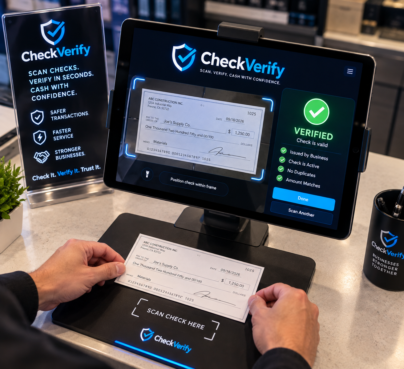 CheckVerify merchant check scanning station showing a verified check