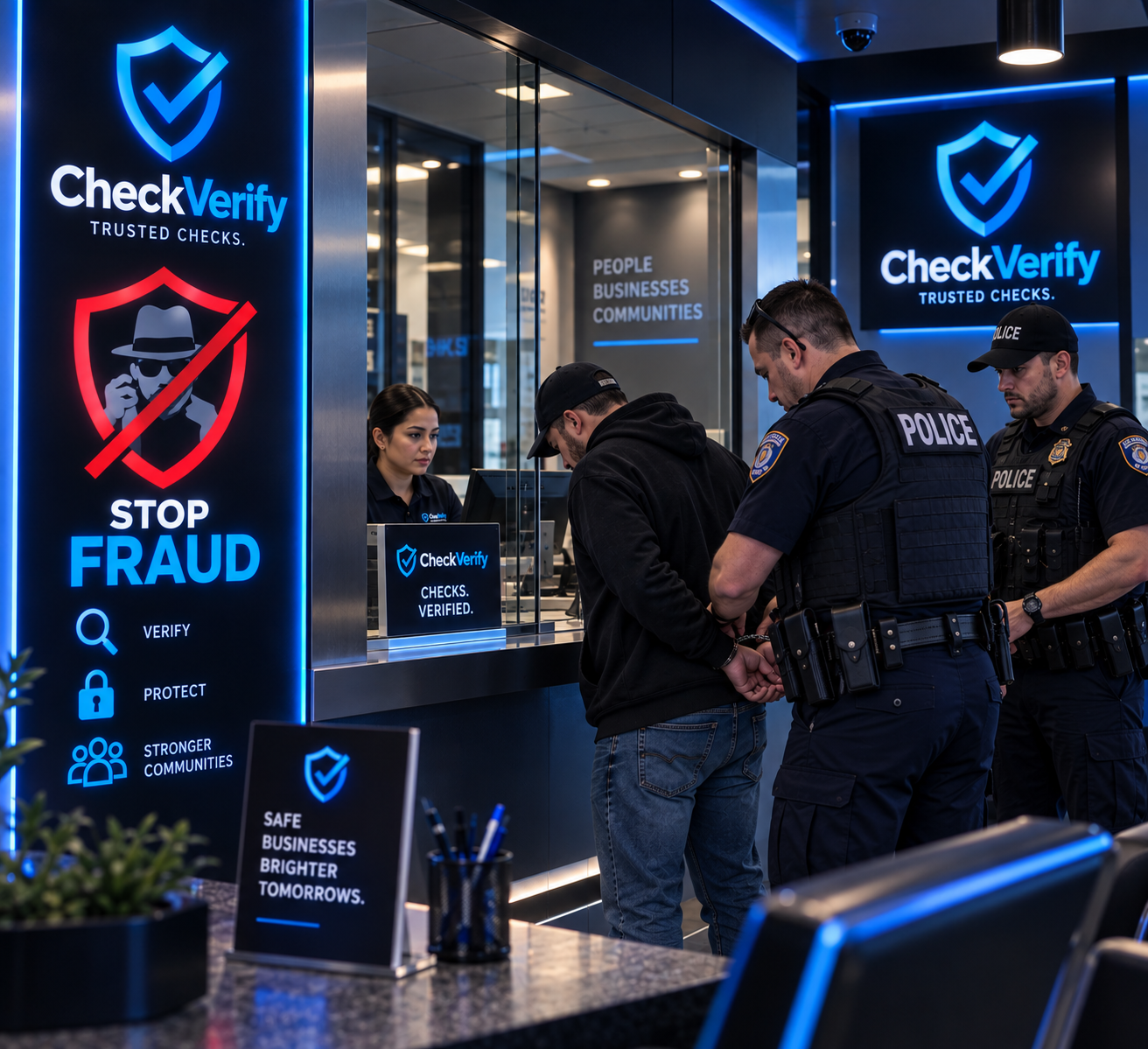 CheckVerify fraud-prevention scene with police stopping check fraud at a participating merchant